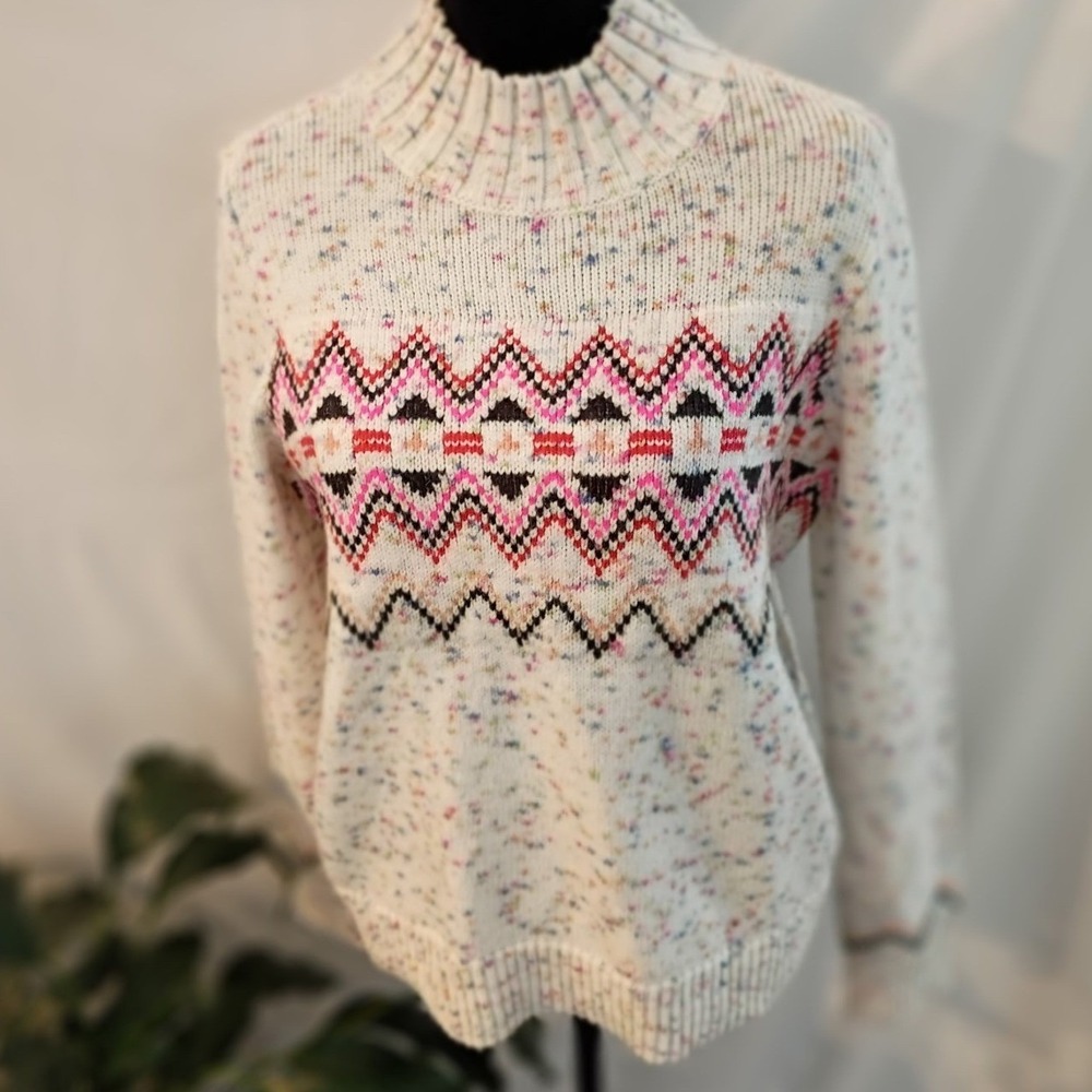 Loft‎ Womens Medium Confetti Fair Isle Mock Neck Sweater Pink Black Chevron Knit